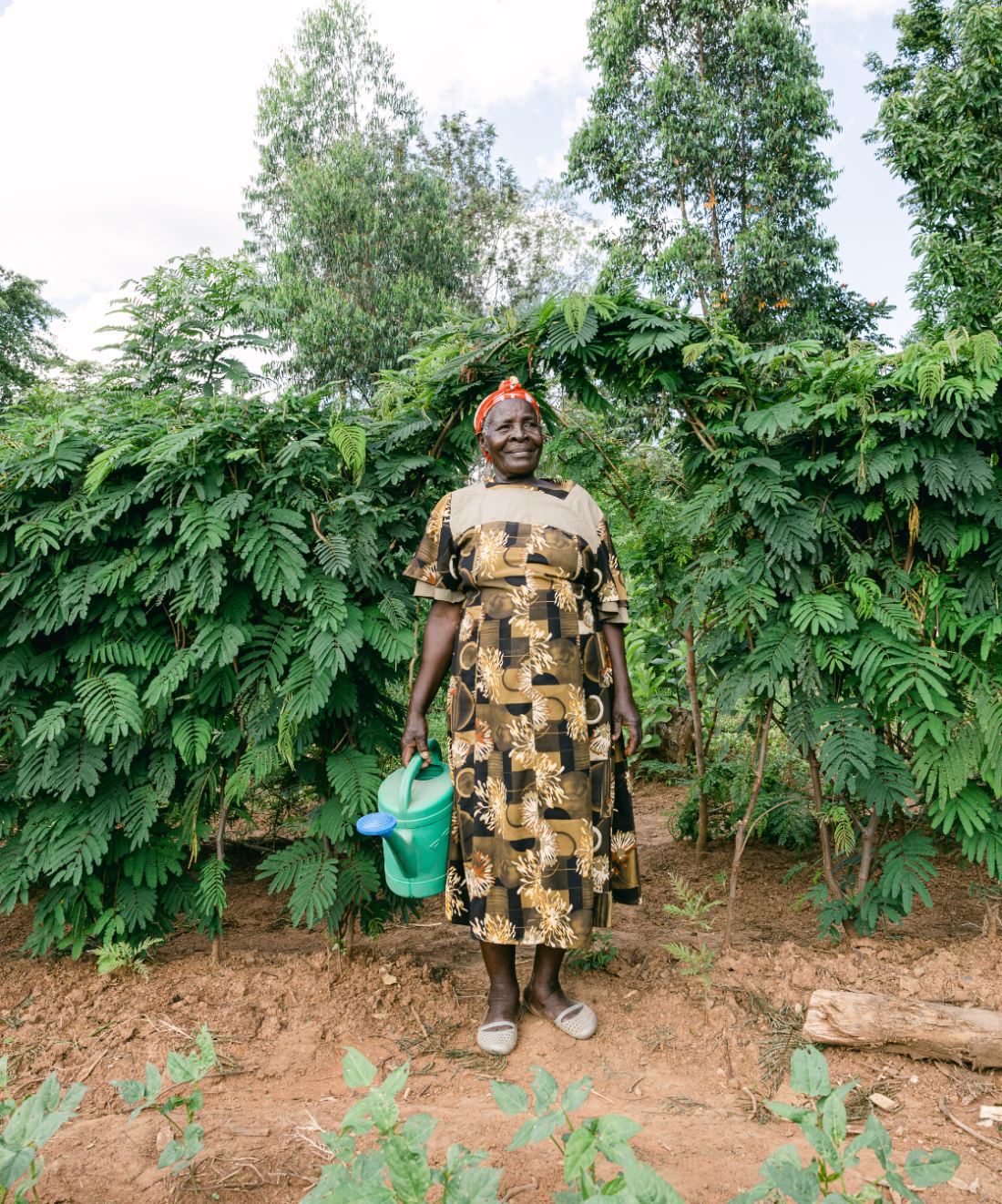 Woman with a watering can in front of dense planted greenery